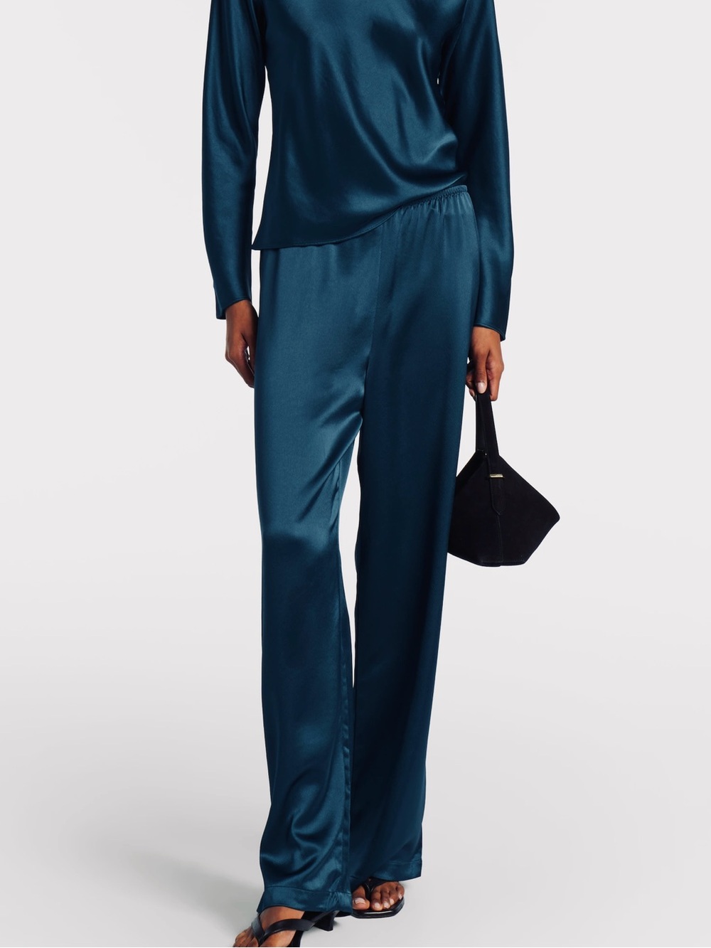LESET Barb Satin Wide-Leg Pants in Navy